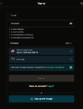 Schermata registrazione: requisiti password, EUR