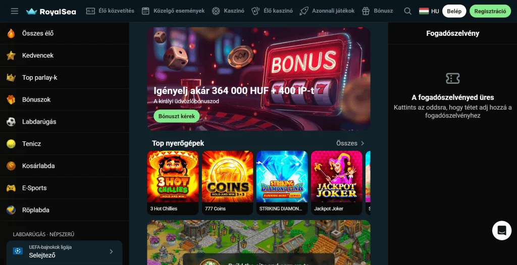 Piattaforma Royalsea Casino: banner bonus di benvenuto, top slot popolari, sezione scommesse sportive e navigazione categorie