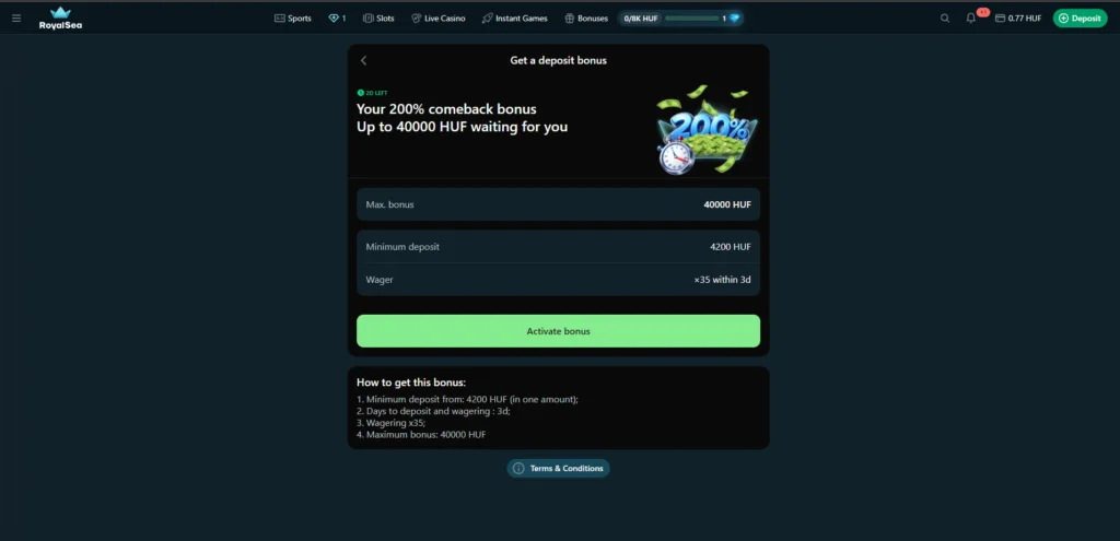 Interfaccia account Royalsea Casino: dettagli attivazione bonus con importo massimo, deposito minimo e condizioni di wagering