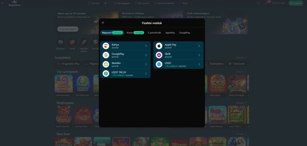 Metodi di deposito Royalsea Casino: carta, Google Pay, Apple Pay, Neteller, Skrill, USDT e USDC con accredito istantaneo