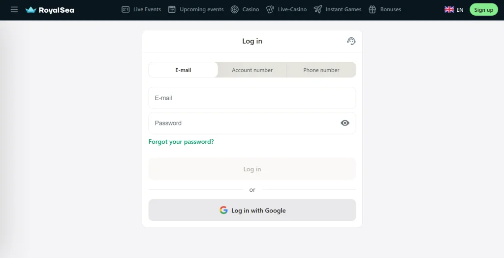 Modulo di accesso Royalsea Casino: login tramite e-mail, numero account o telefono con opzione Google Sign-In