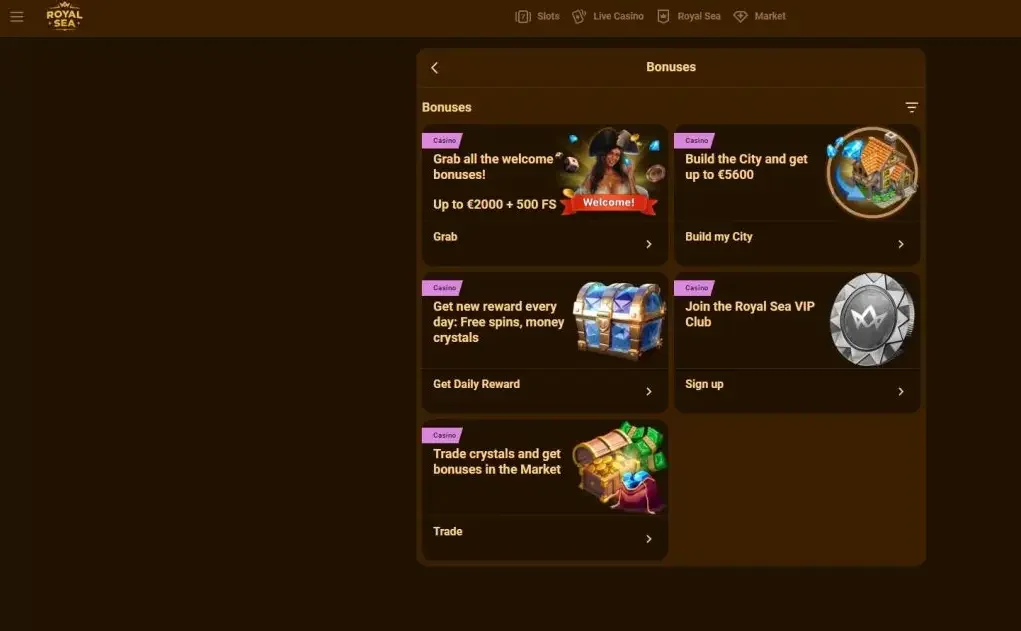 Pagina bonus Royalsea Casino: pacchetto di benvenuto fino a €2.000, CityBuilder, ricompense giornaliere e VIP Club