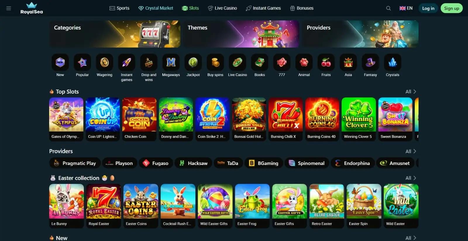 Pagina slot di Royalsea Casino: categorie di gioco, top slot e provider come Pragmatic Play, Hacksaw e Fugaso